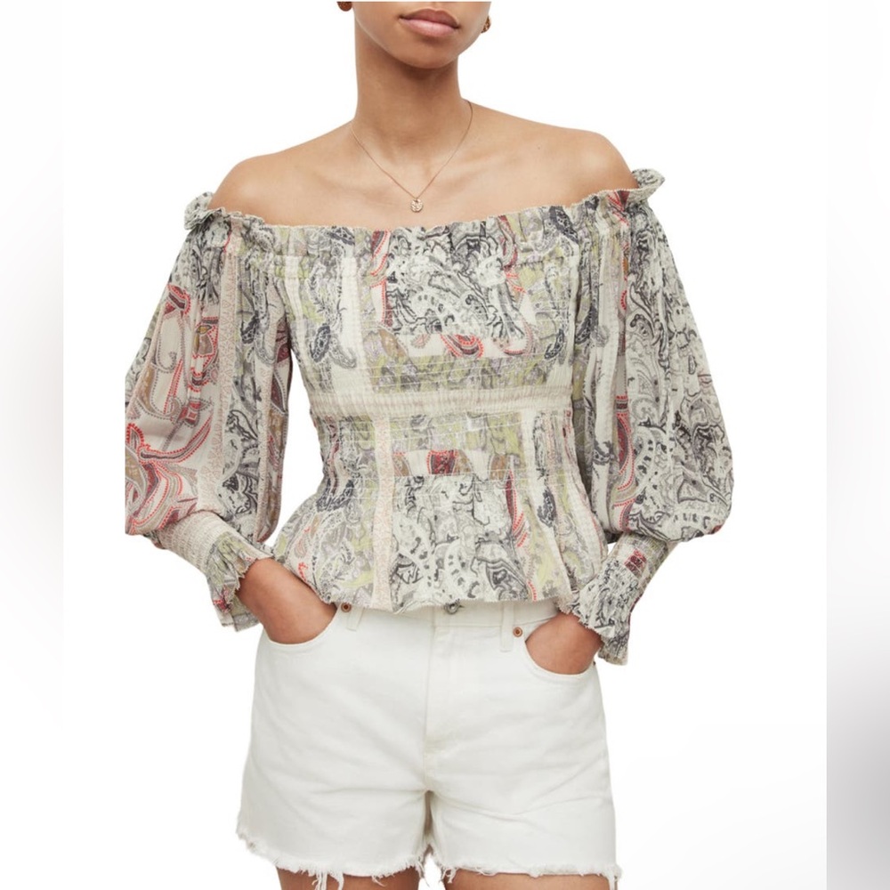 NWT‎ ALL SAINTS LARA MAKUTU OFF THE SHOULDER SMOCKED BOHO TOP - Picture 2 of 6